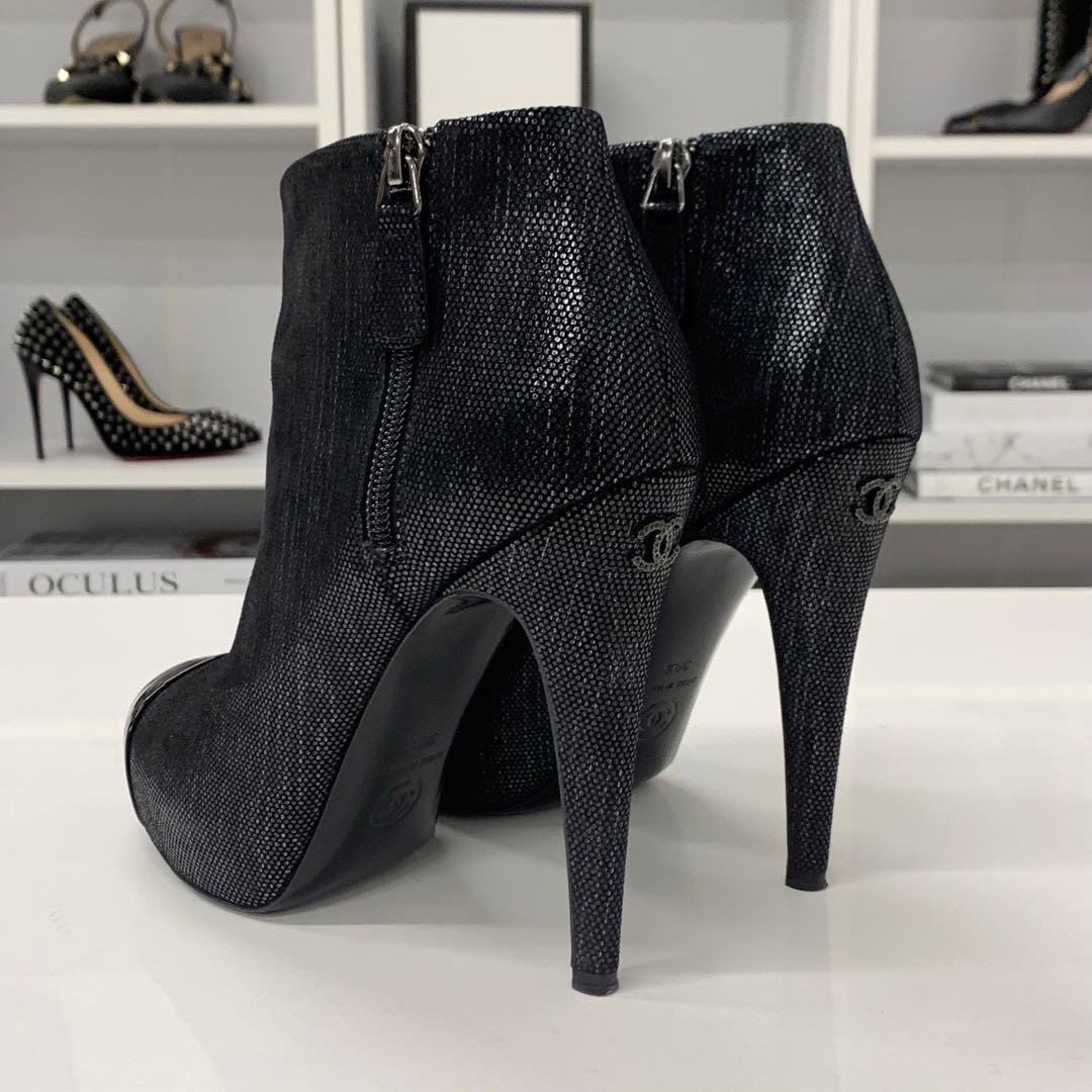 Chanel Cocomark Leather Metallic Short Boots Black