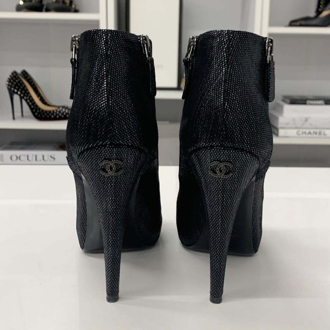 Chanel Cocomark Leather Metallic Short Boots Black