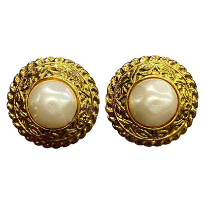 Chanel Faux Pearl Gold Earrings F_090