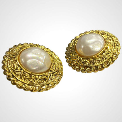 Chanel Faux Pearl Gold Earrings F_090