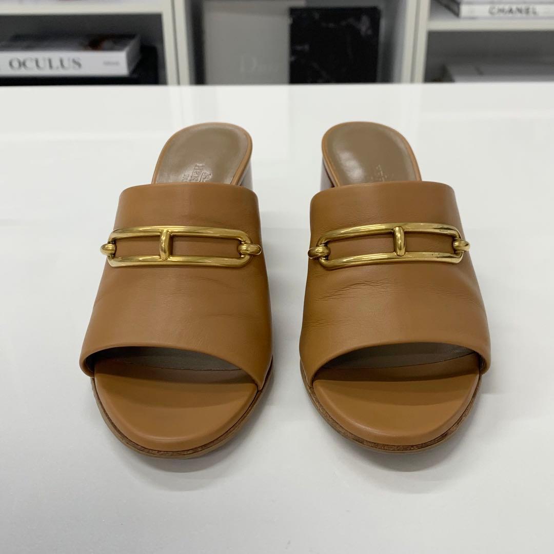 Hermes Camila Leather Roulis Buckle Sandals Brown — view 4