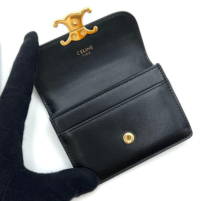 Celine Triomphe Card Case Black Leather Gold