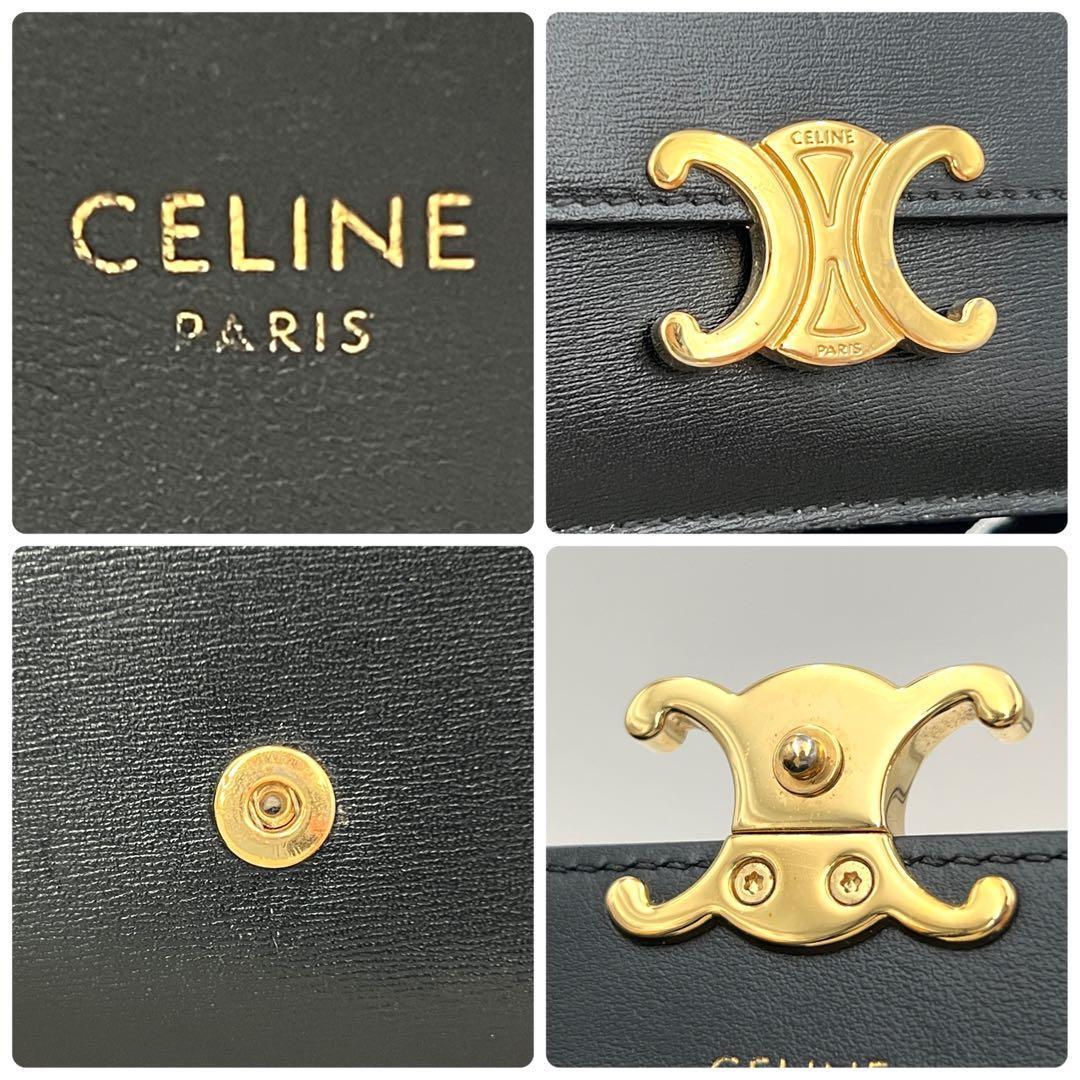 Celine Triomphe Card Case Black Leather Gold