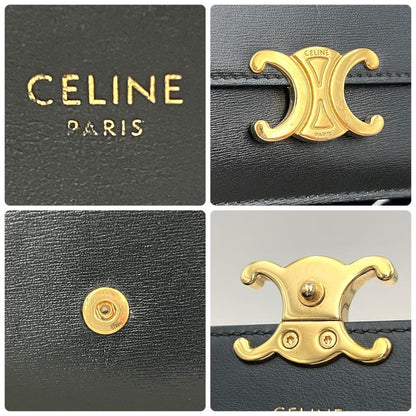 Celine Triomphe Card Case Black Leather Gold