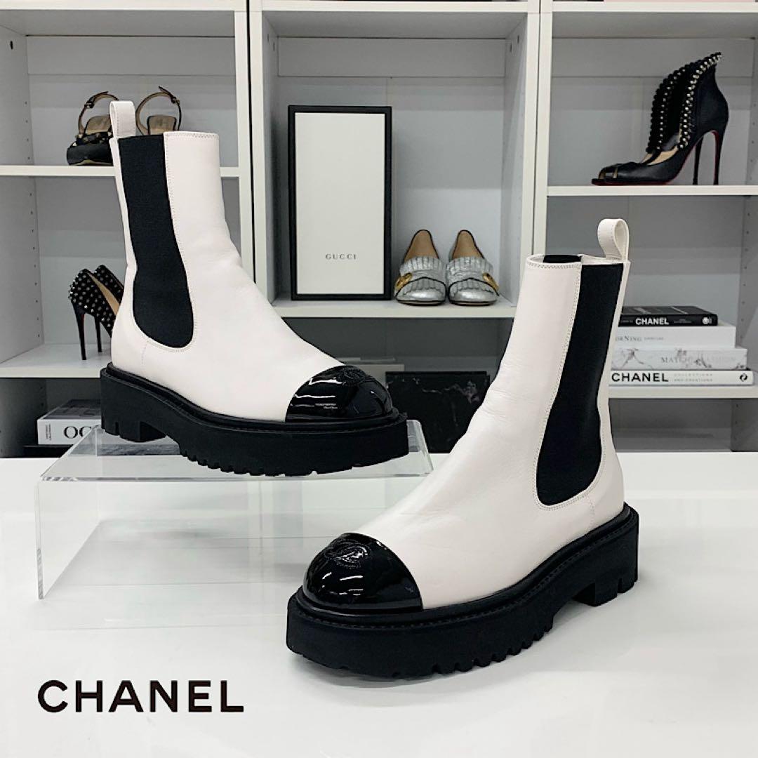 Chanel CC Logo Leather Patent Side Gore Short Boots White
