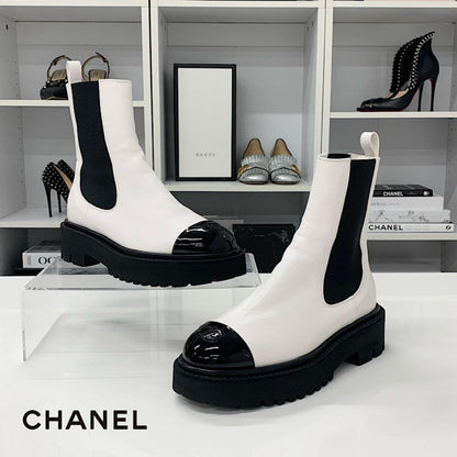 Chanel CC Logo Leather Patent Side Gore Short Boots White