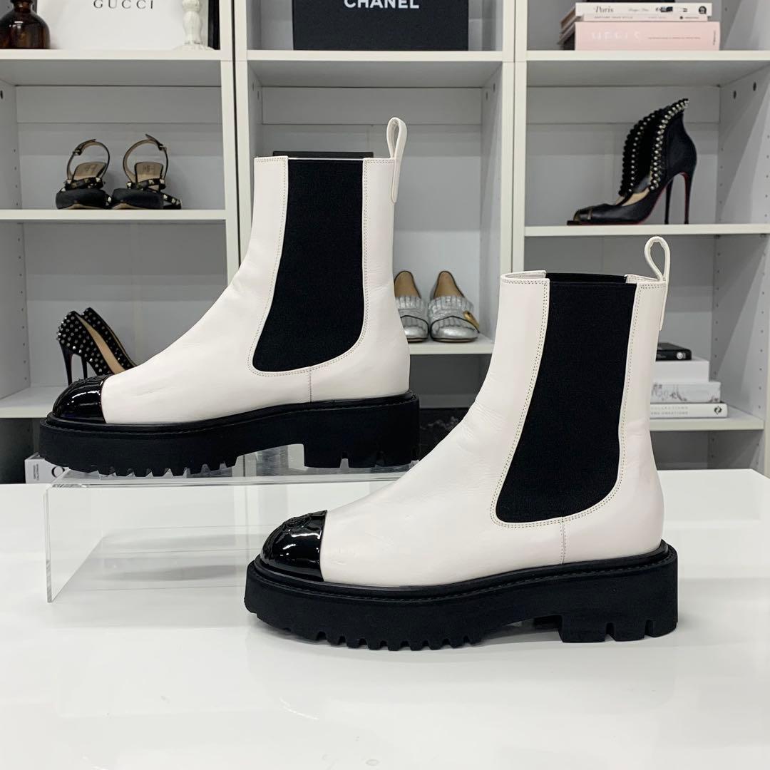 Chanel CC Logo Leather Patent Side Gore Short Boots White — view 2