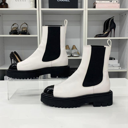 Chanel CC Logo Leather Patent Side Gore Short Boots White — view 2