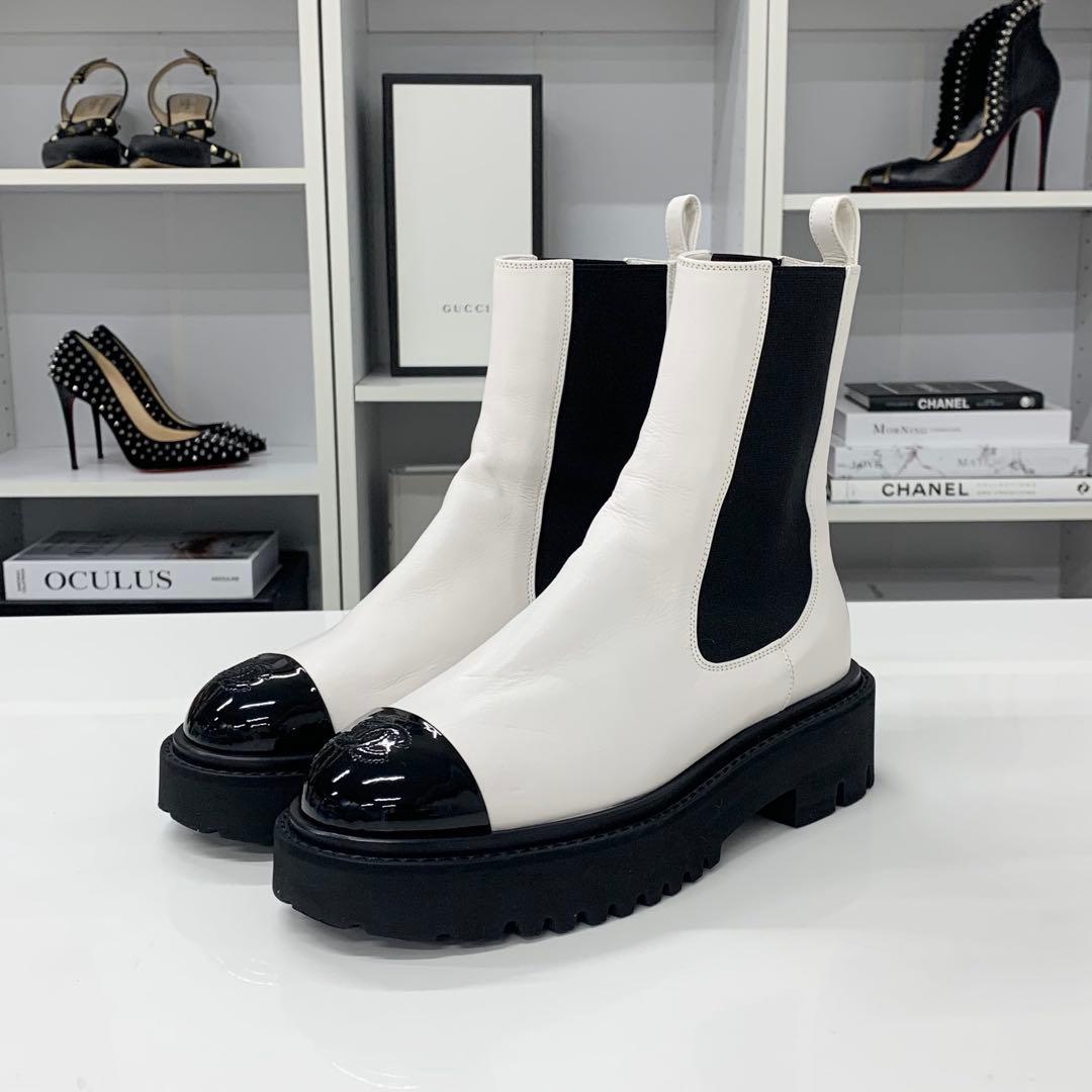 Chanel CC Logo Leather Patent Side Gore Short Boots White — view 3