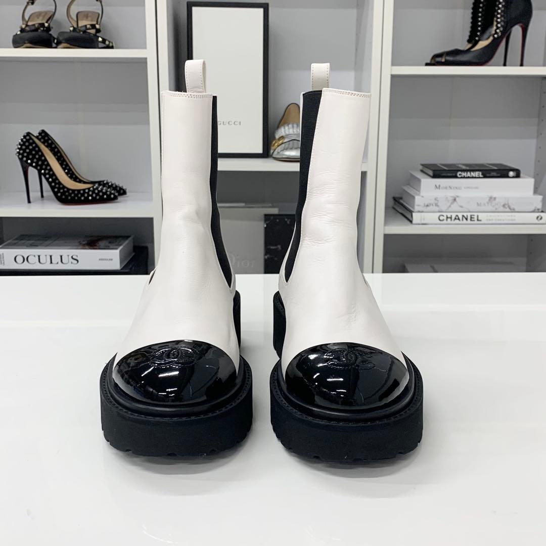 Chanel CC Logo Leather Patent Side Gore Short Boots White — view 4