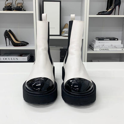 Chanel CC Logo Leather Patent Side Gore Short Boots White — view 4