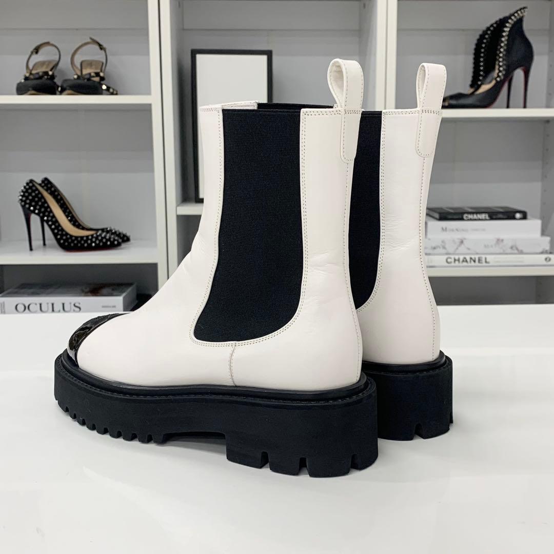Chanel CC Logo Leather Patent Side Gore Short Boots White — view 5
