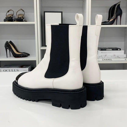Chanel CC Logo Leather Patent Side Gore Short Boots White — view 5