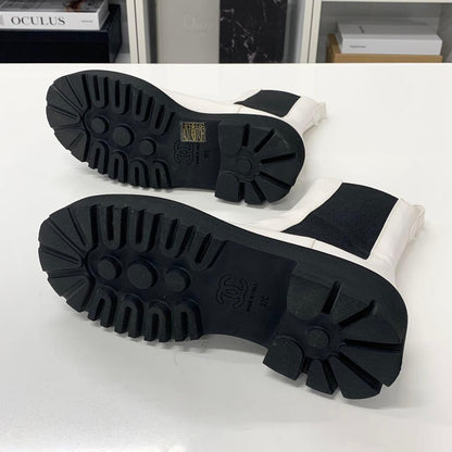 Chanel CC Logo Leather Patent Side Gore Short Boots White — view 7