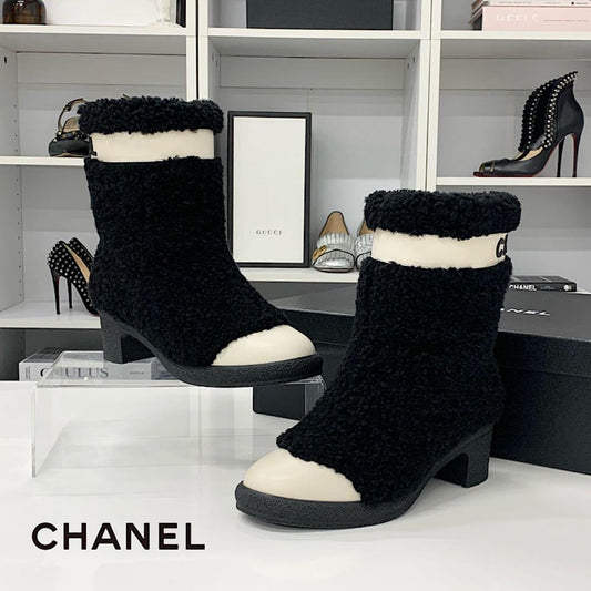 Chanel Shearling Leather CC Logo Short Boots Black White