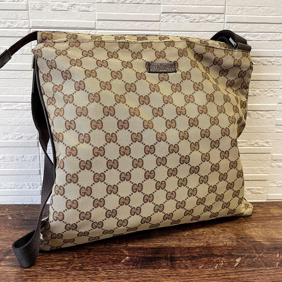 Gucci GG Canvas Nylon Shoulder Bag Brown Large