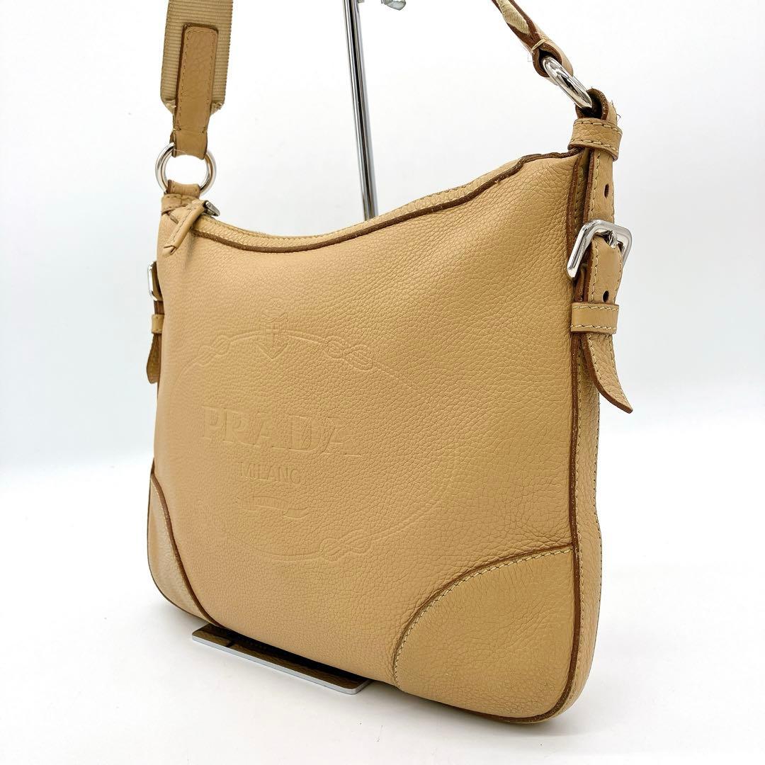 Prada Shoulder Bag Logo Jacquard Leather Beige