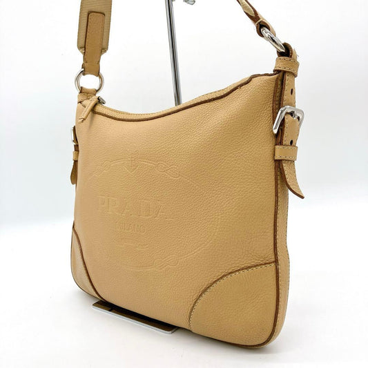 Prada Shoulder Bag Logo Jacquard Leather Beige