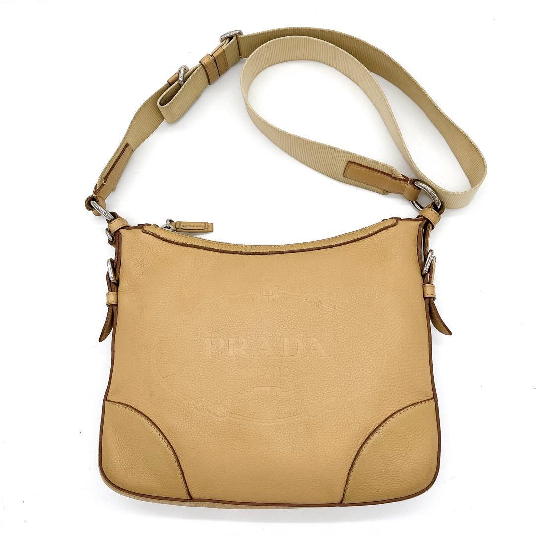 Prada Shoulder Bag Logo Jacquard Leather Beige