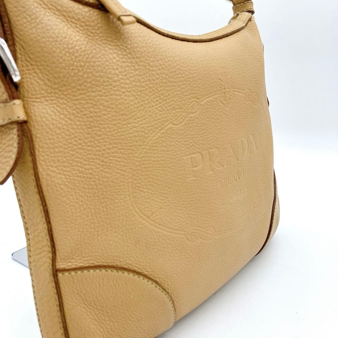Prada Shoulder Bag Logo Jacquard Leather Beige