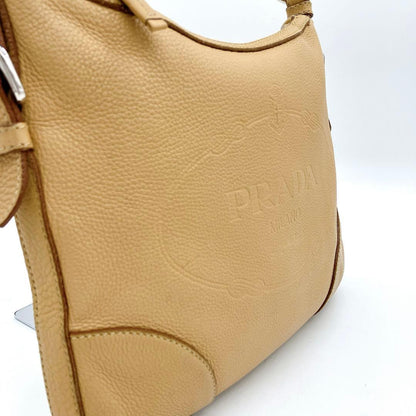 Prada Shoulder Bag Logo Jacquard Leather Beige