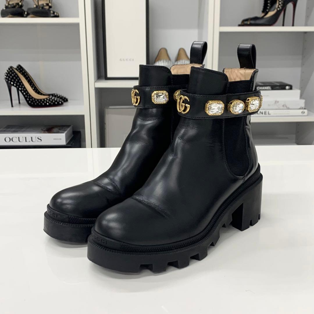 Gucci Leather Bijou GG Marmont Belt Side Gore Short Boots