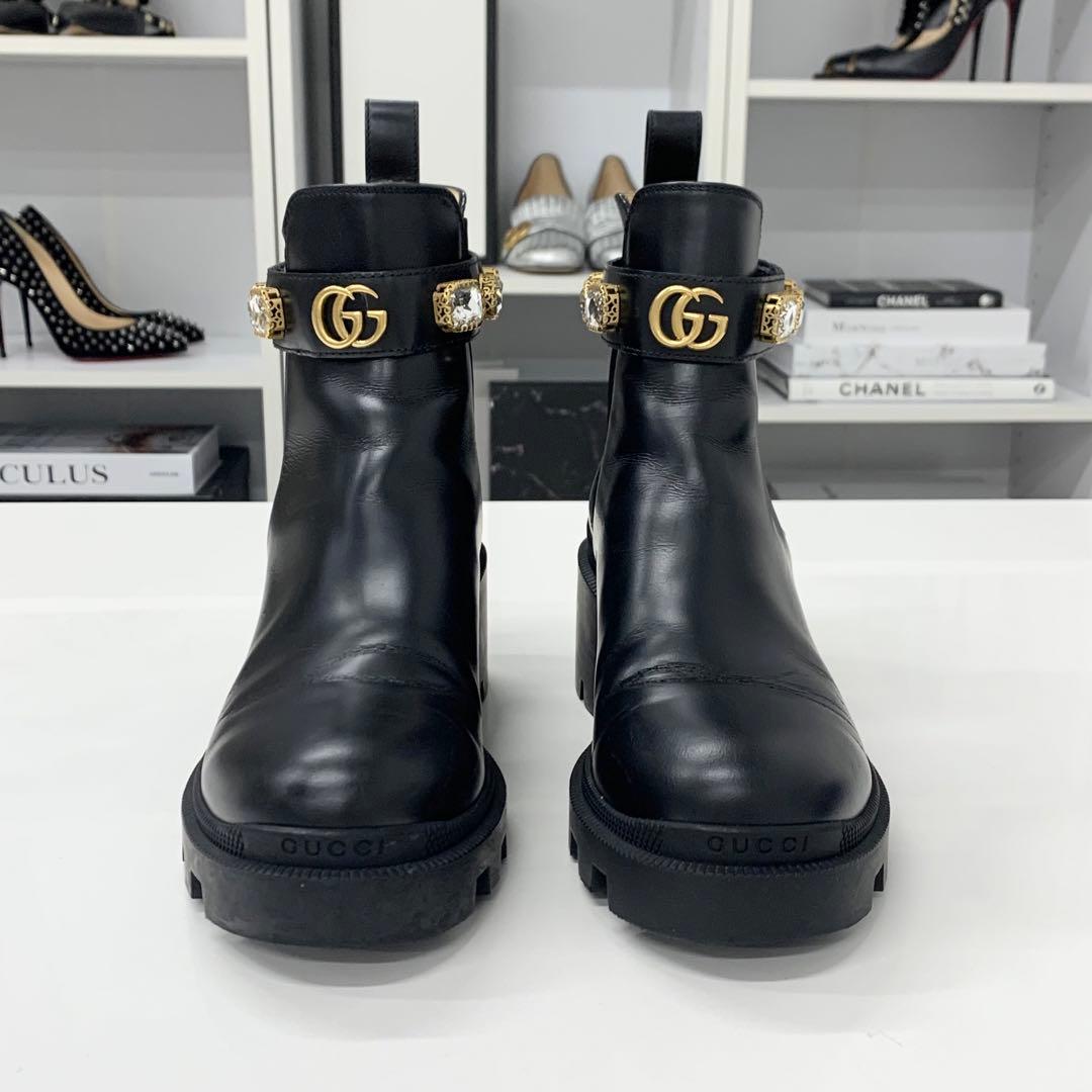 Gucci Leather Bijou GG Marmont Belt Side Gore Short Boots