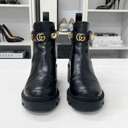 Gucci Leather Bijou GG Marmont Belt Side Gore Short Boots