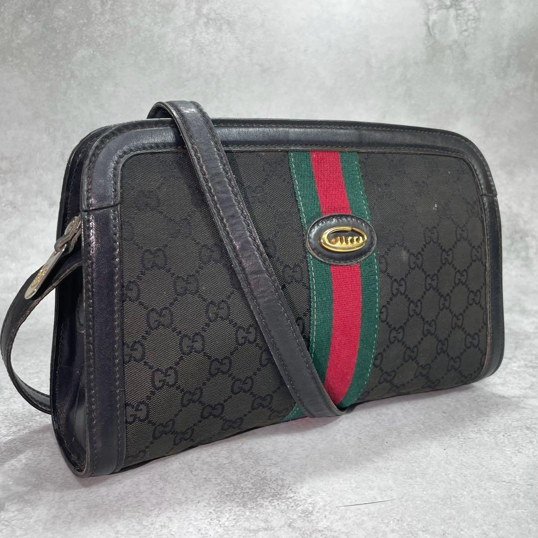 Gucci GG Sherry Line Shoulder Bag Black Leather