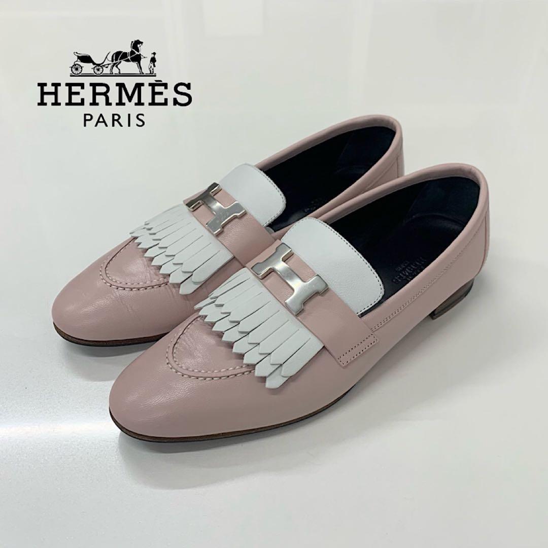Hermes Royale Leather Fringe Loafers Pink White