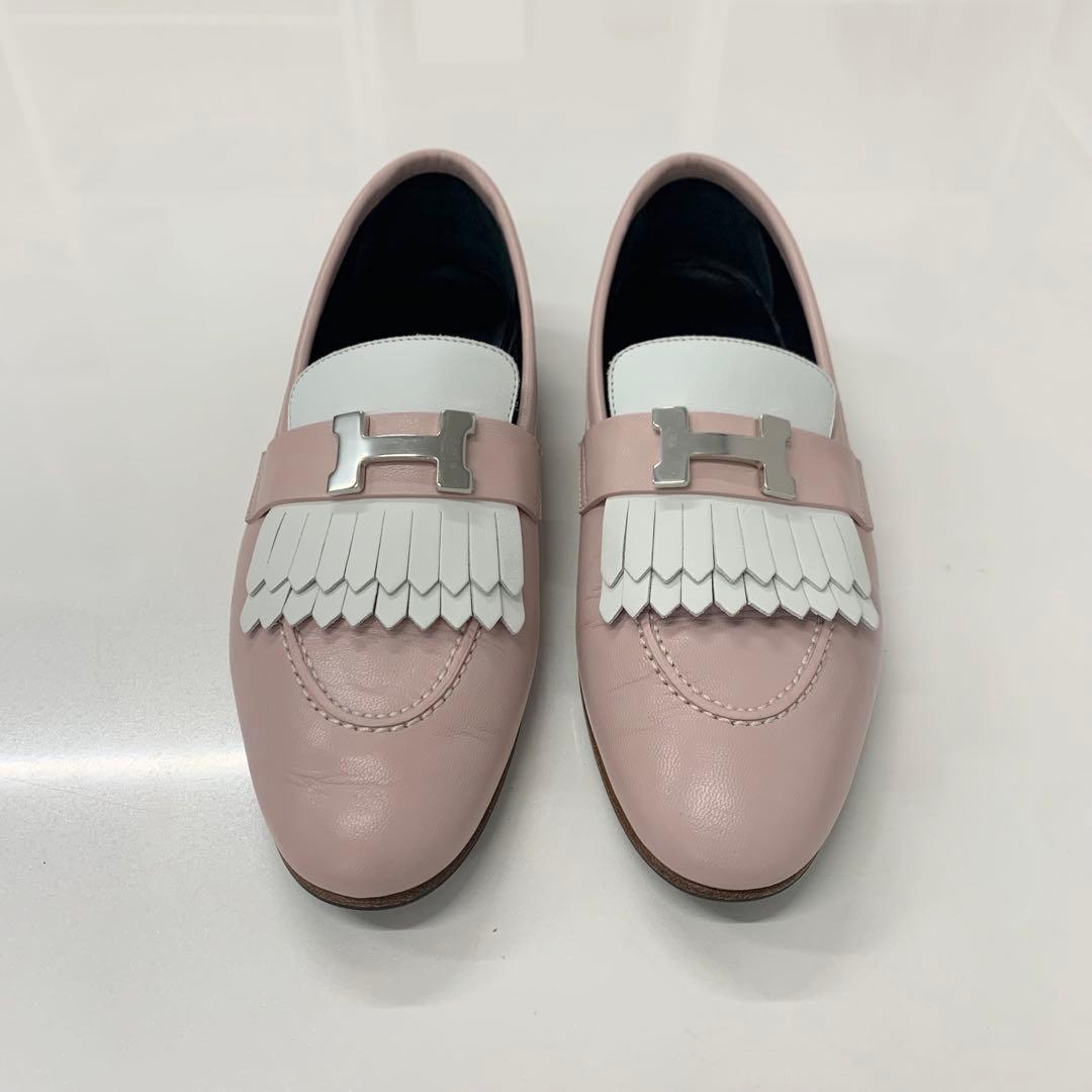 Hermes Royale Leather Fringe Loafers Pink White — view 2