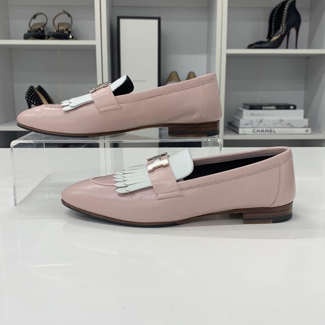 Hermes Royale Leather Fringe Loafers Pink White — view 3