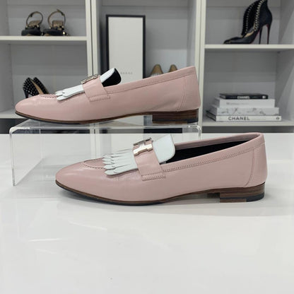 Hermes Royale Leather Fringe Loafers Pink White — view 3