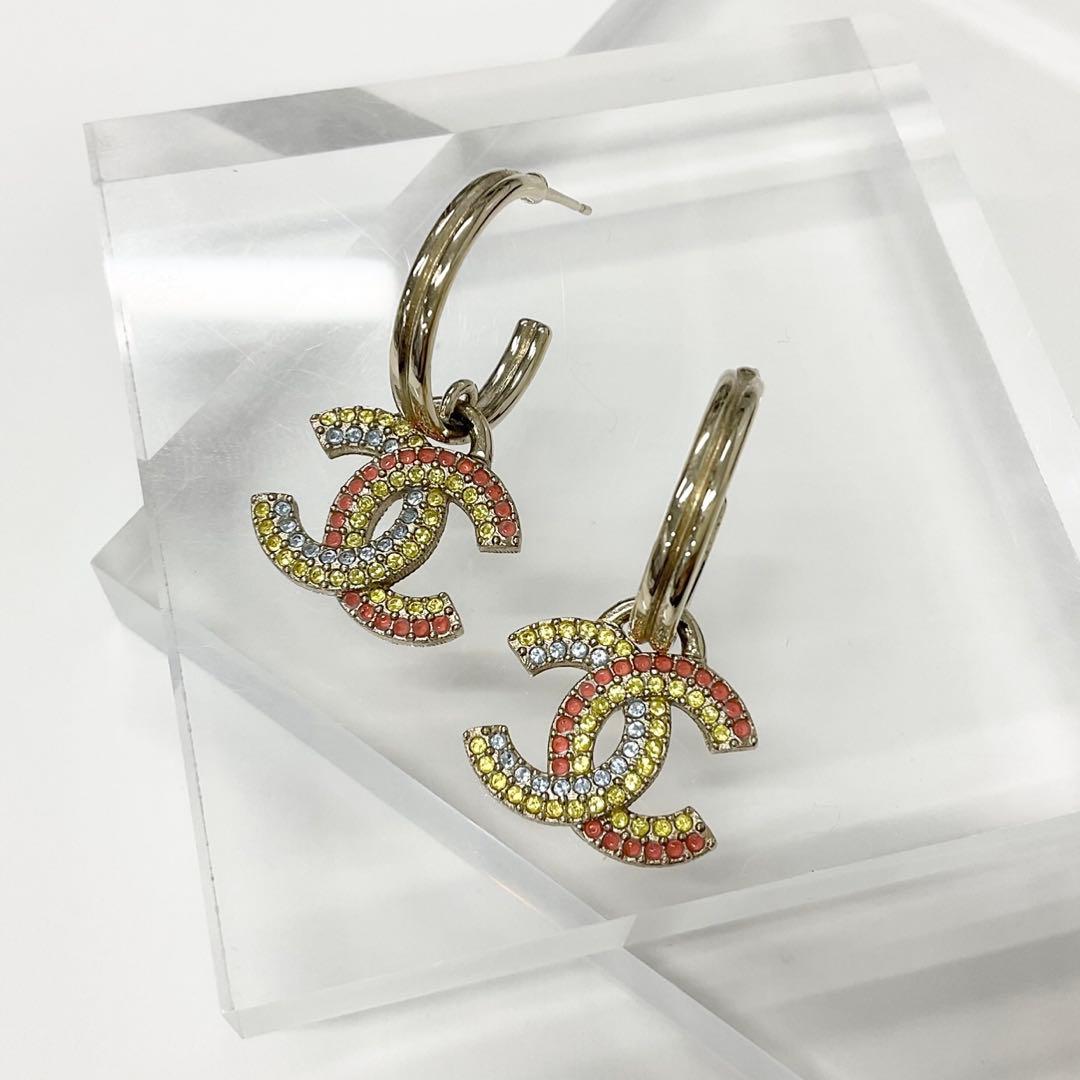 Chanel Earrings CC Logo Hoop Rhinestone Gold Multicolor — view 2
