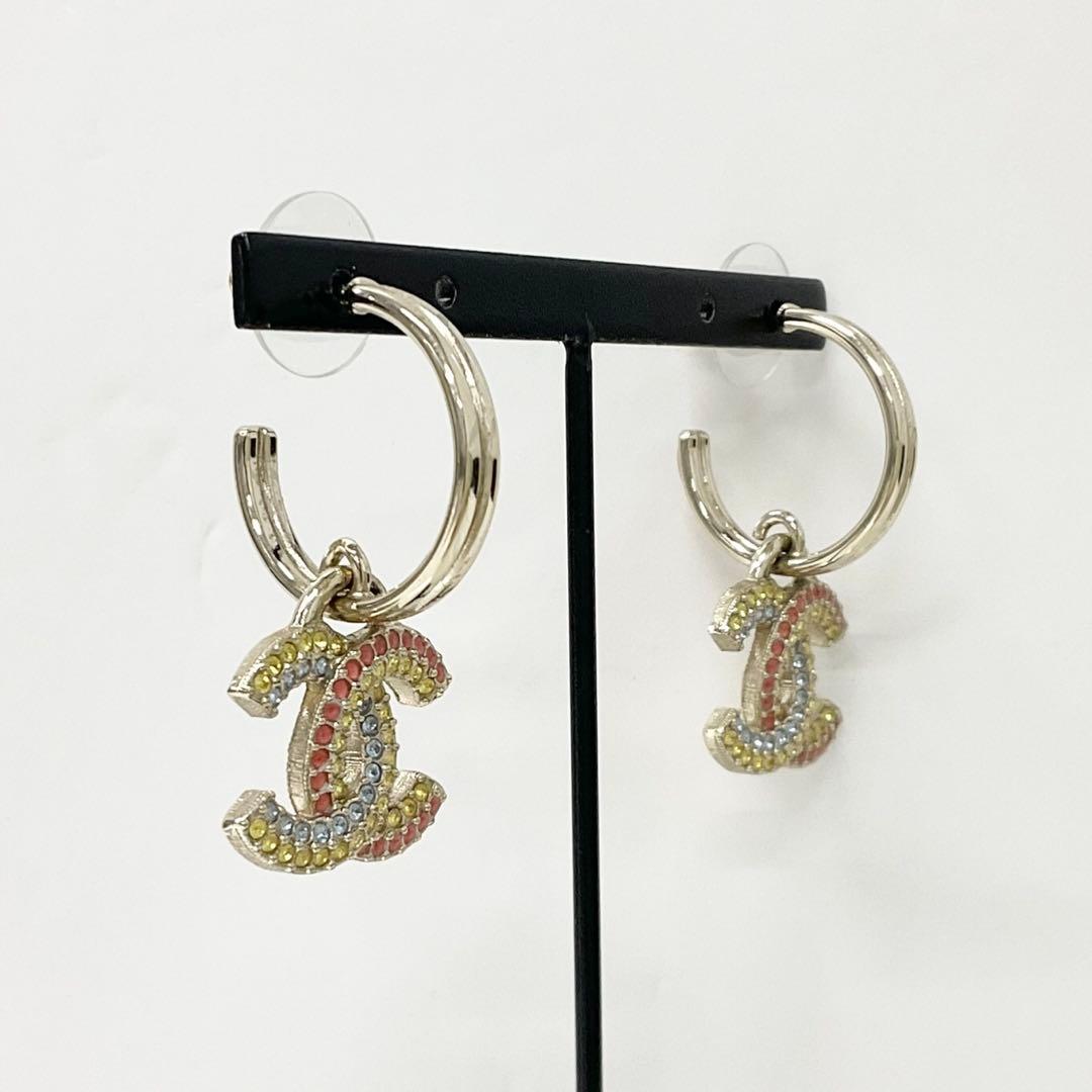Chanel Earrings CC Logo Hoop Rhinestone Gold Multicolor — view 7