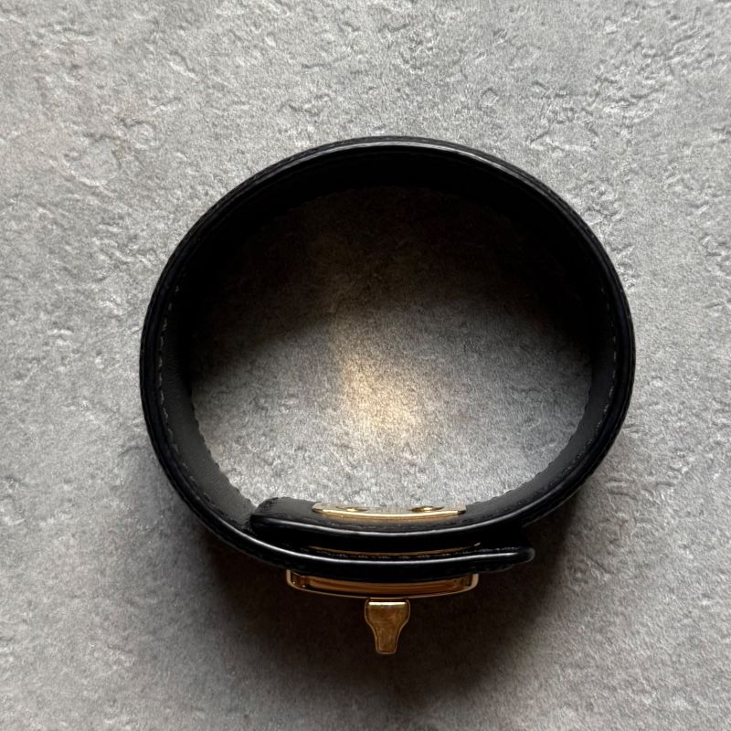 Prada Saffiano Leather Logo Belt Bracelet Turnlock Black Gold Women's Size S