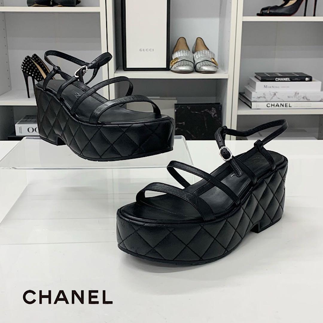 Chanel Quilted CC Logo Leather Strap Platform Sandals Black