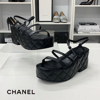 Chanel Quilted CC Logo Leather Strap Platform Sandals Black