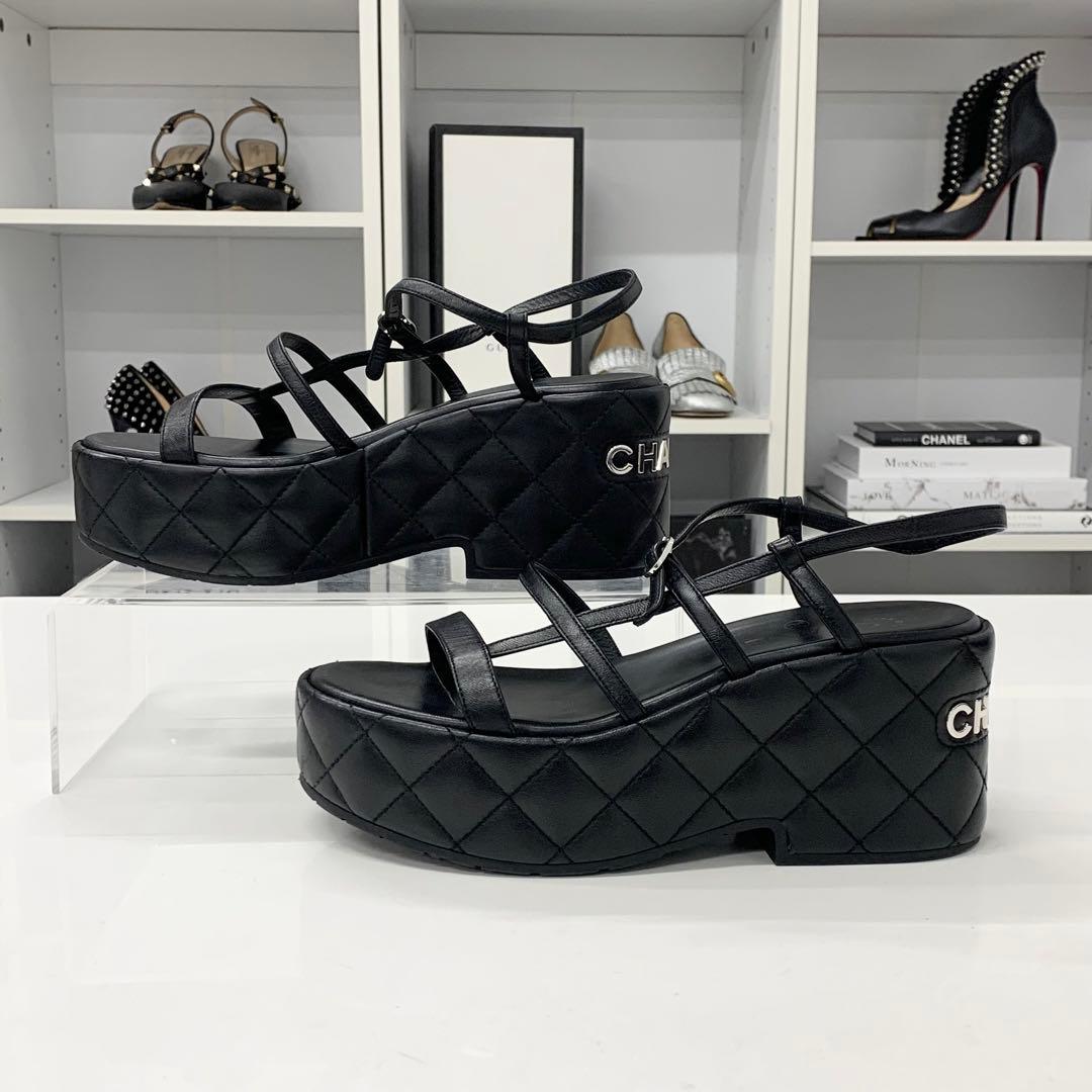 Chanel Quilted CC Logo Leather Strap Platform Sandals Black — view 2