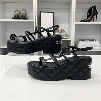 Chanel Quilted CC Logo Leather Strap Platform Sandals Black — view 2
