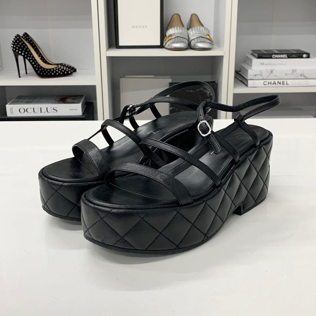 Chanel Quilted CC Logo Leather Strap Platform Sandals Black — view 3