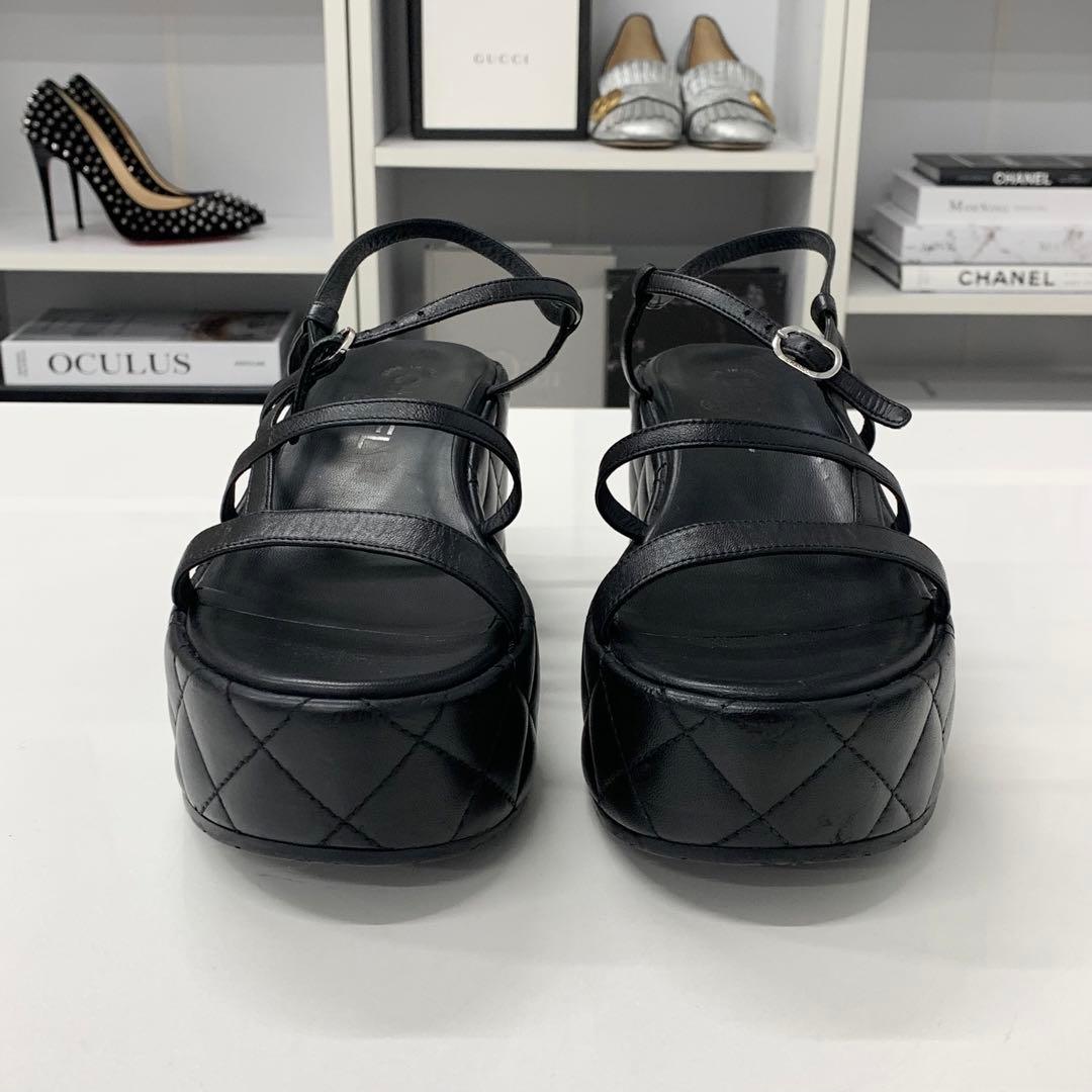 Chanel Quilted CC Logo Leather Strap Platform Sandals Black — view 4