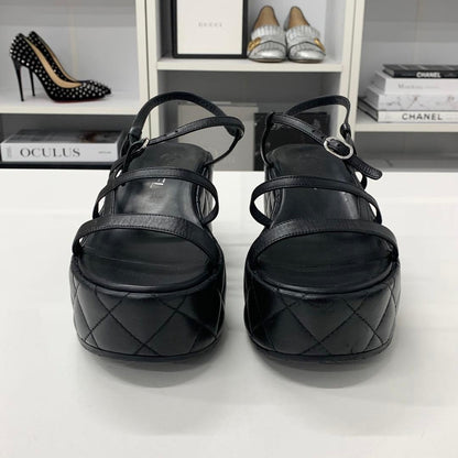 Chanel Quilted CC Logo Leather Strap Platform Sandals Black — view 4