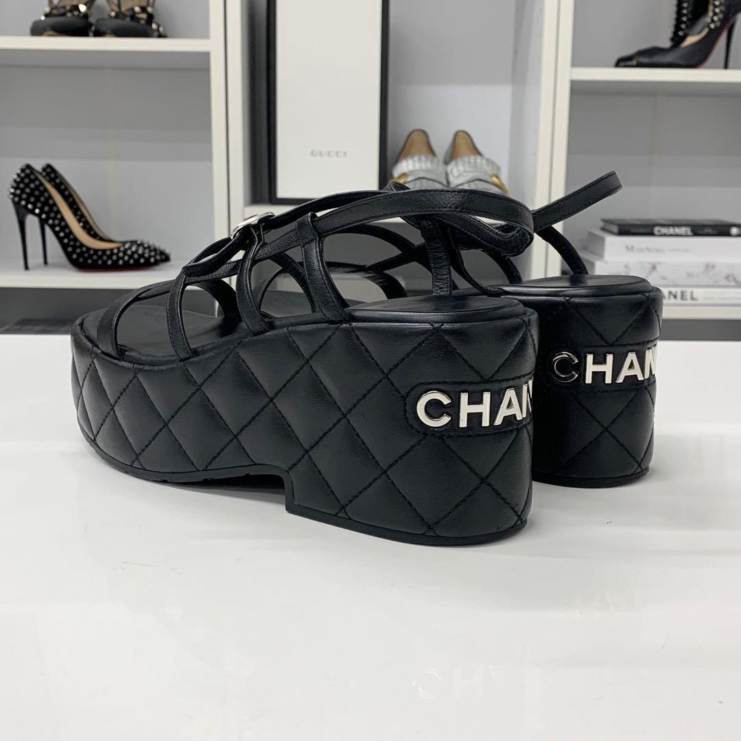 Chanel Quilted CC Logo Leather Strap Platform Sandals Black — view 5