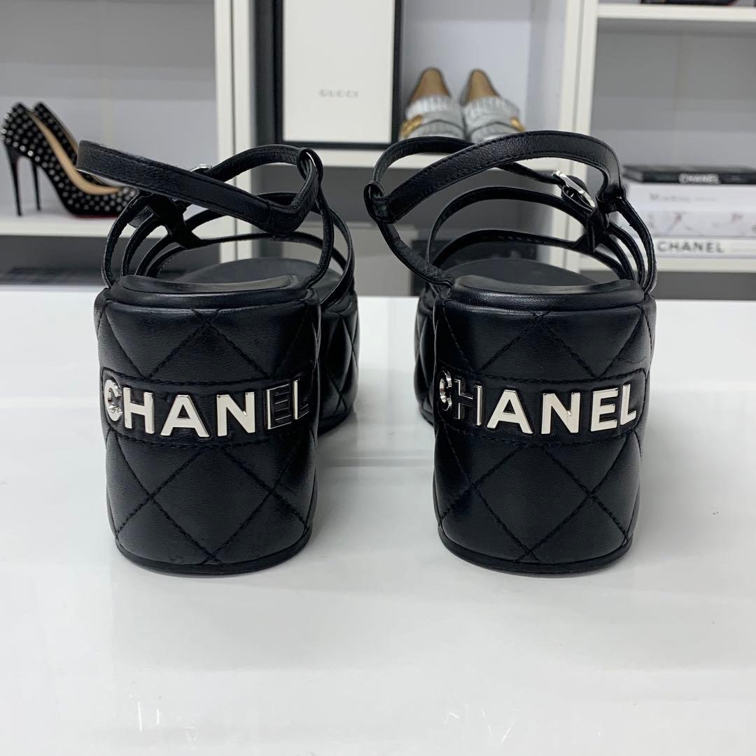 Chanel Quilted CC Logo Leather Strap Platform Sandals Black — view 6