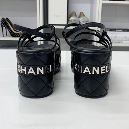 Chanel Quilted CC Logo Leather Strap Platform Sandals Black — view 6