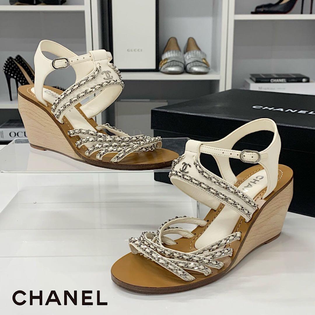 Chanel Leather Wood Coco Mark Chain Wedge Sole Sandals