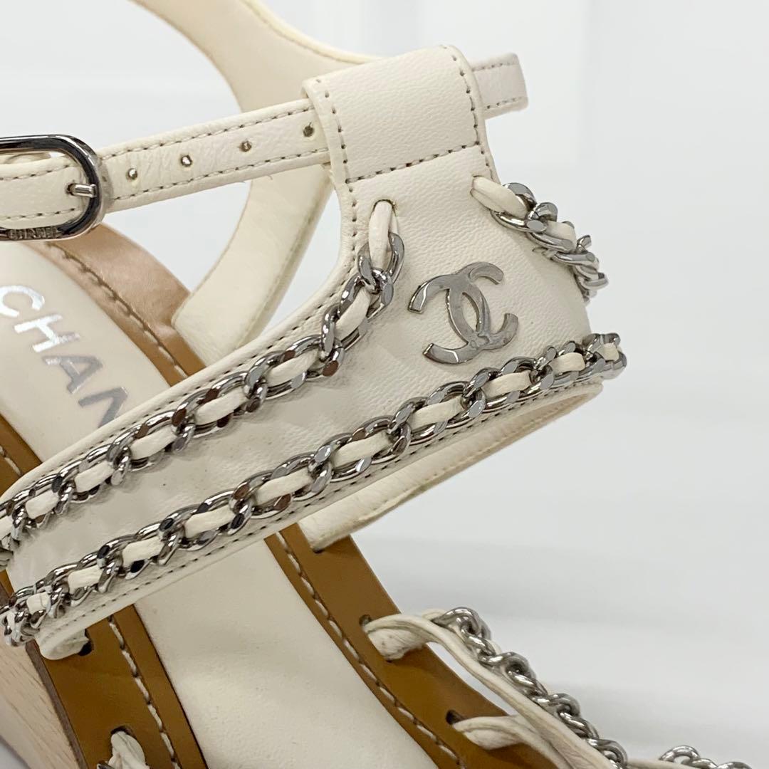 Chanel Leather Wood Coco Mark Chain Wedge Sole Sandals
