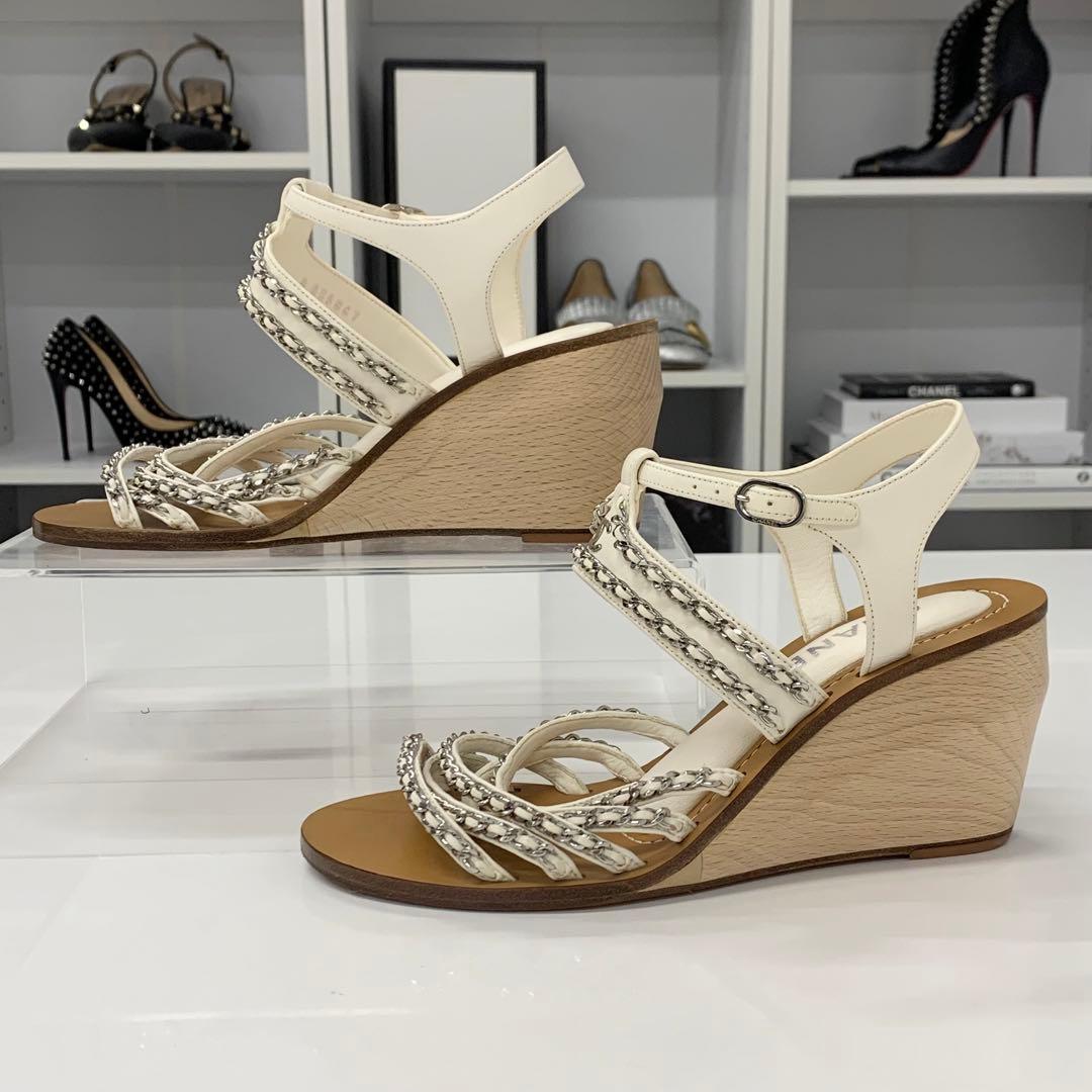Chanel Leather Wood Coco Mark Chain Wedge Sole Sandals