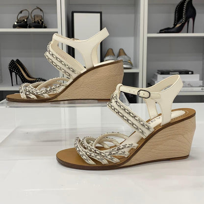 Chanel Leather Wood Coco Mark Chain Wedge Sole Sandals